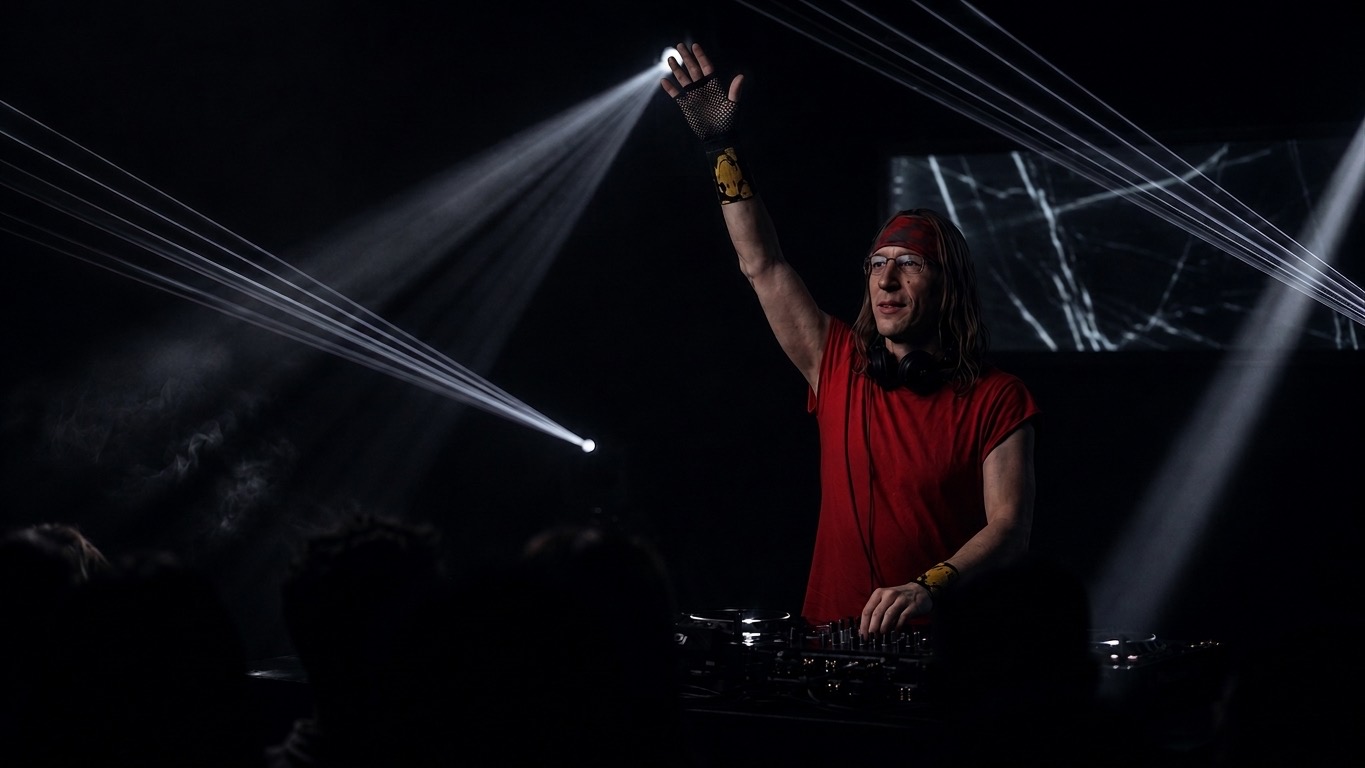 KayGoose am DJ-Pult, Hand erhoben, Laserlicht im Club